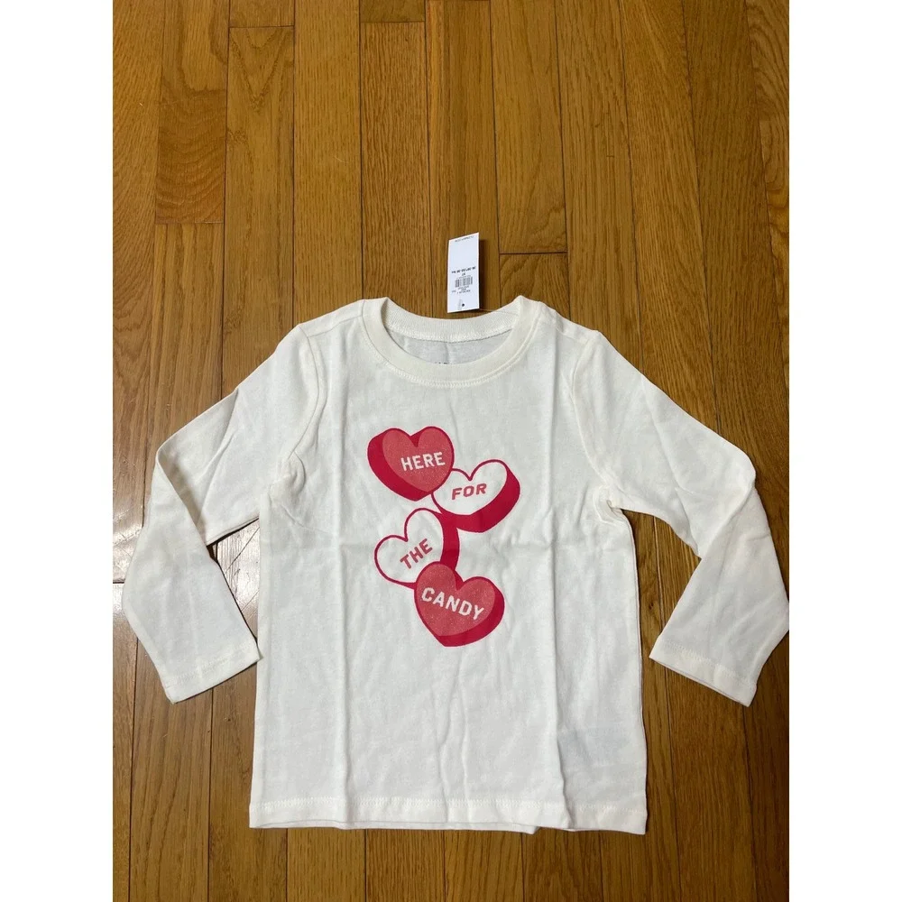 Old‎ Navy Kids Valentine Conversation Heart Long Sleeve Graphic T-Shirt Cream 3T